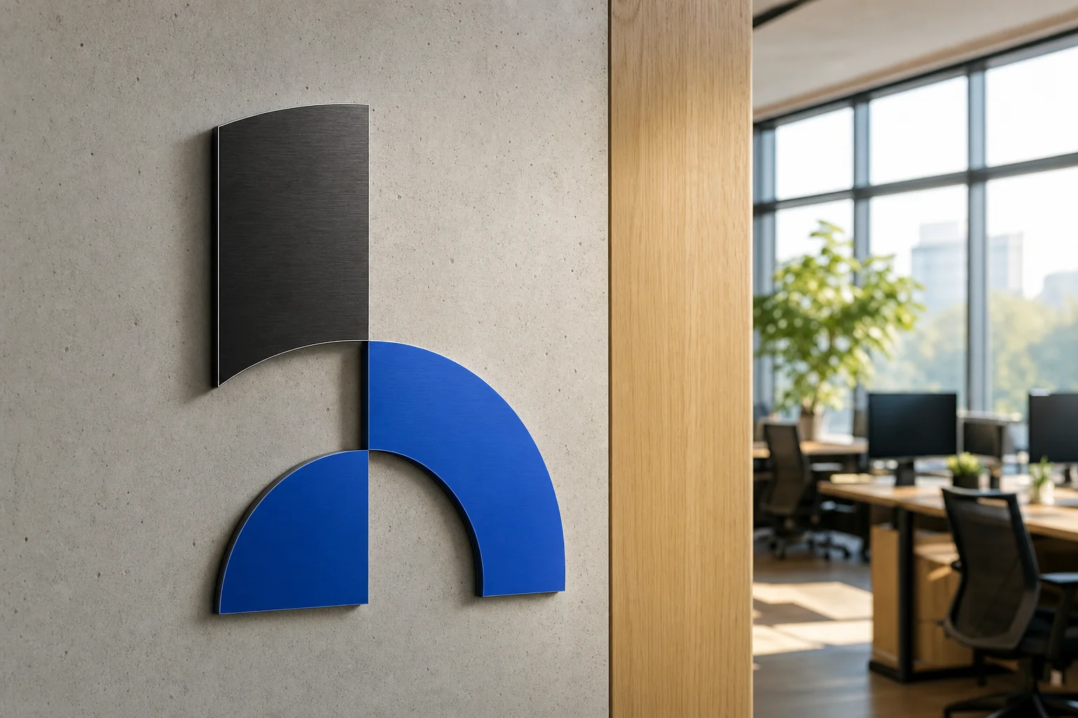 HeitechSoft brand mark displayed in a bright, modern Ontario office
